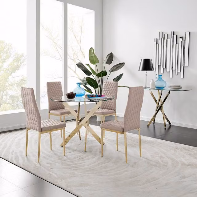 FurnitureboxUK Novara 100cm Round Tempered Glass Dining Table with Gold Legs and 4 Beige Milan Faux Leather Chairs – 1