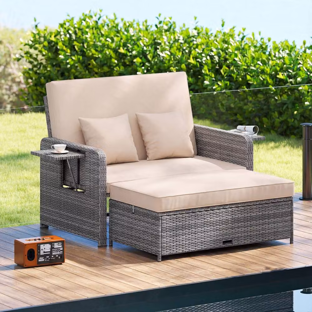 Costway 2-Piece Grey PE Wicker and Metal Patio Rattan Daybed Set with Adjustable Backrest – 2