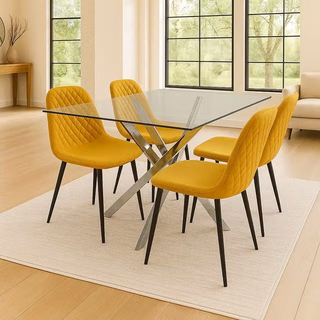 KOSY KOALA Modern Rectangular Glass Dining Table Set with 4 Mustard Gem Pattern Chairs in Beige and Yellow