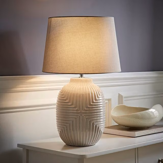 Harrison Large Geo Ribbed Gloss Ceramic Table Lamp with Tapered Shade and LED Bulb in Grey