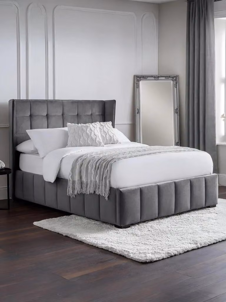 Julian Bowen Gatsby Ottoman Double Bed in Grey Velvet with Wing Headboard and Lift Up Base, H 205.0 x W 161.0 x D 128.0 cm