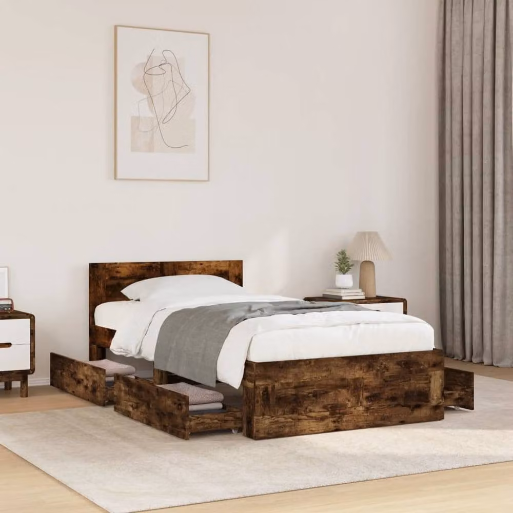 Berkfield Home Small Single Bed Frame with Headboard in Smoked Oak Brown, W/D/H: 75 x 190 x 69 cm – 2