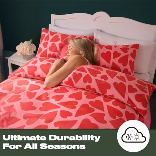 OHS King Size Microfibre Heart Duvet Cover and Pillowcase Set, Red and Pink – 2