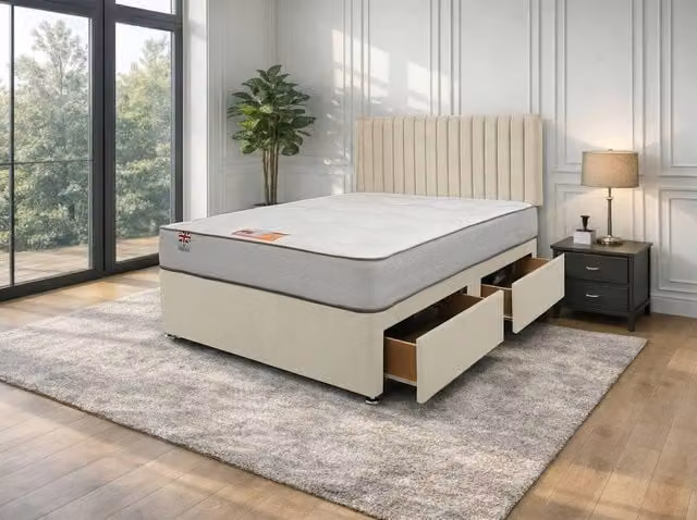 Knight Sleep Emily Naples Bed Set with Hybrid Mattress and 2 Drawers in Cream, W/D/H: 90 x 190 x 61 cm