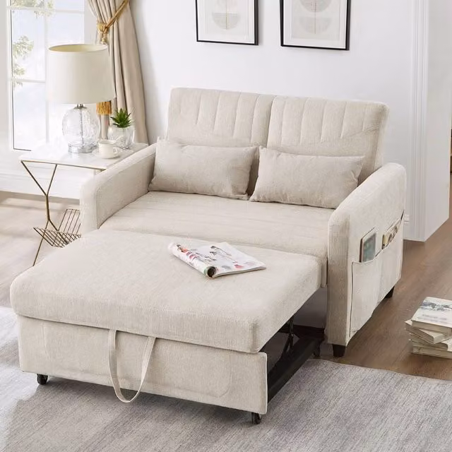 Merax 2-Seater Pull-Out Sofa Bed in Beige with Adjustable Headrest and Scatter Cushions