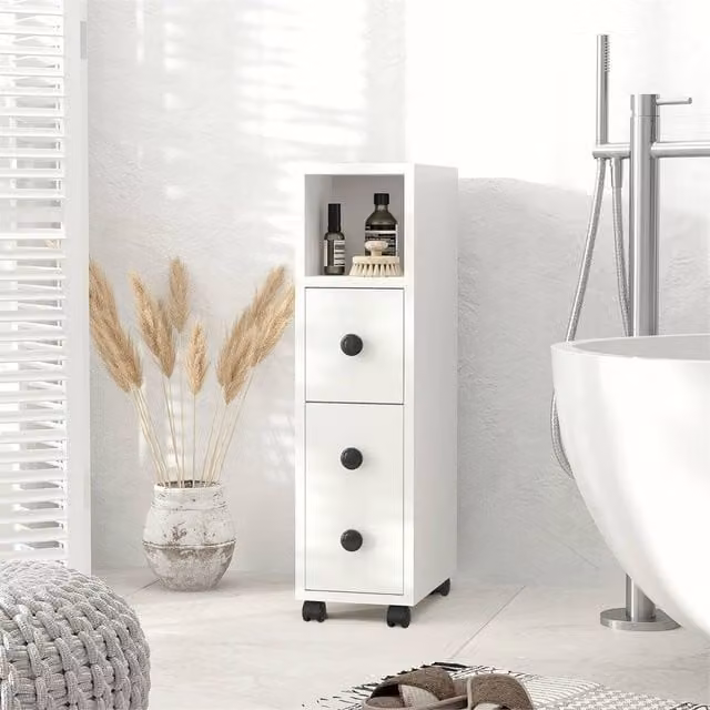 EONLION Slimline White Bathroom Storage Unit in Matt MDF