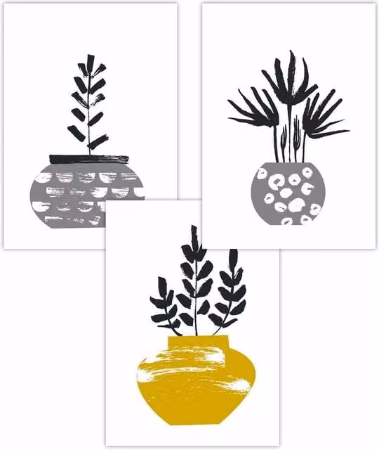 ARTZE Set of 3 Scandi Cactus Botanical Paper Posters in Yellow, Grey and Black, W: 59 cm, H: 84 cm