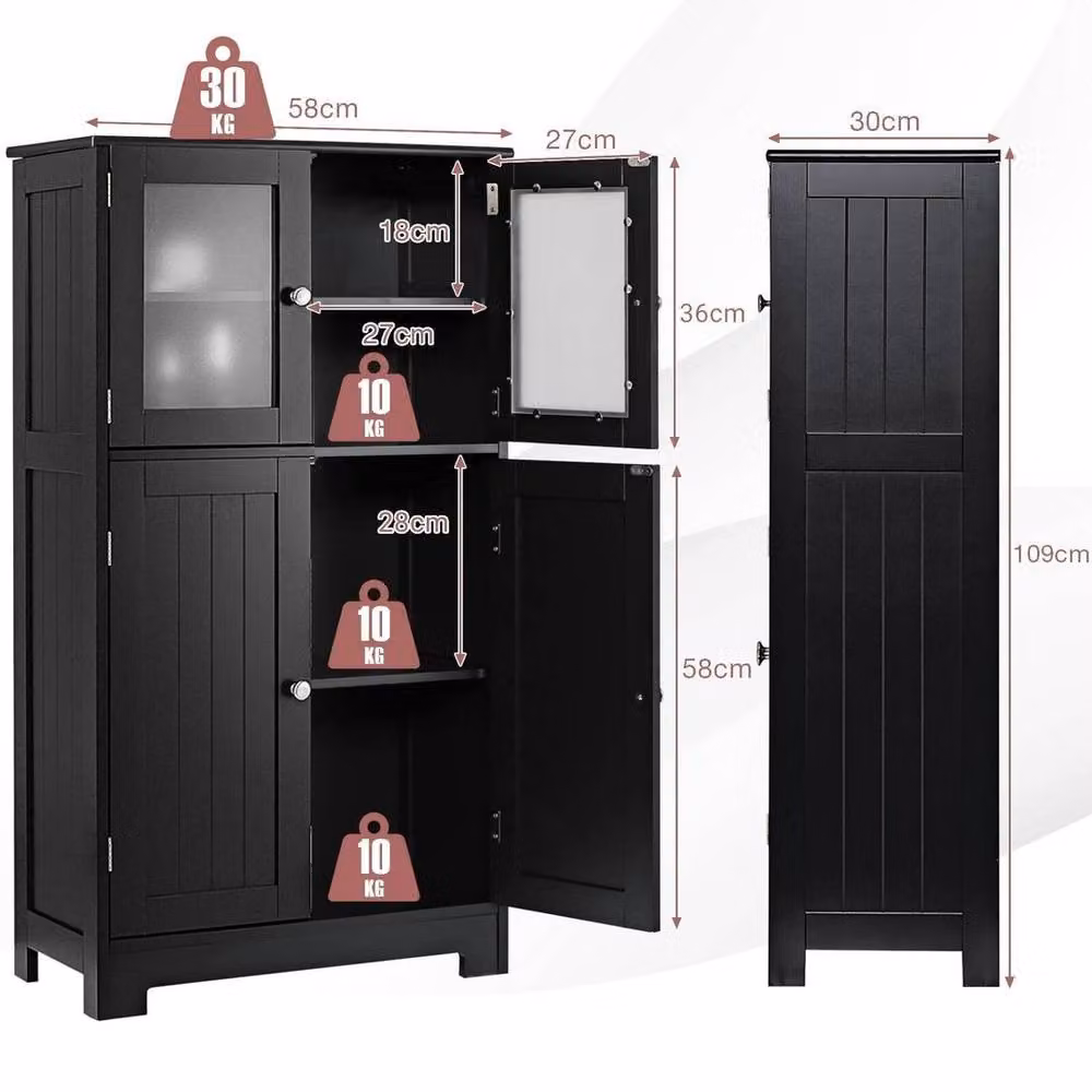 KORVIXA Freestanding Black Bathroom Floor Cabinet with Glass Doors and Internal Shelves W: 100 cm, H: 100 cm – 2