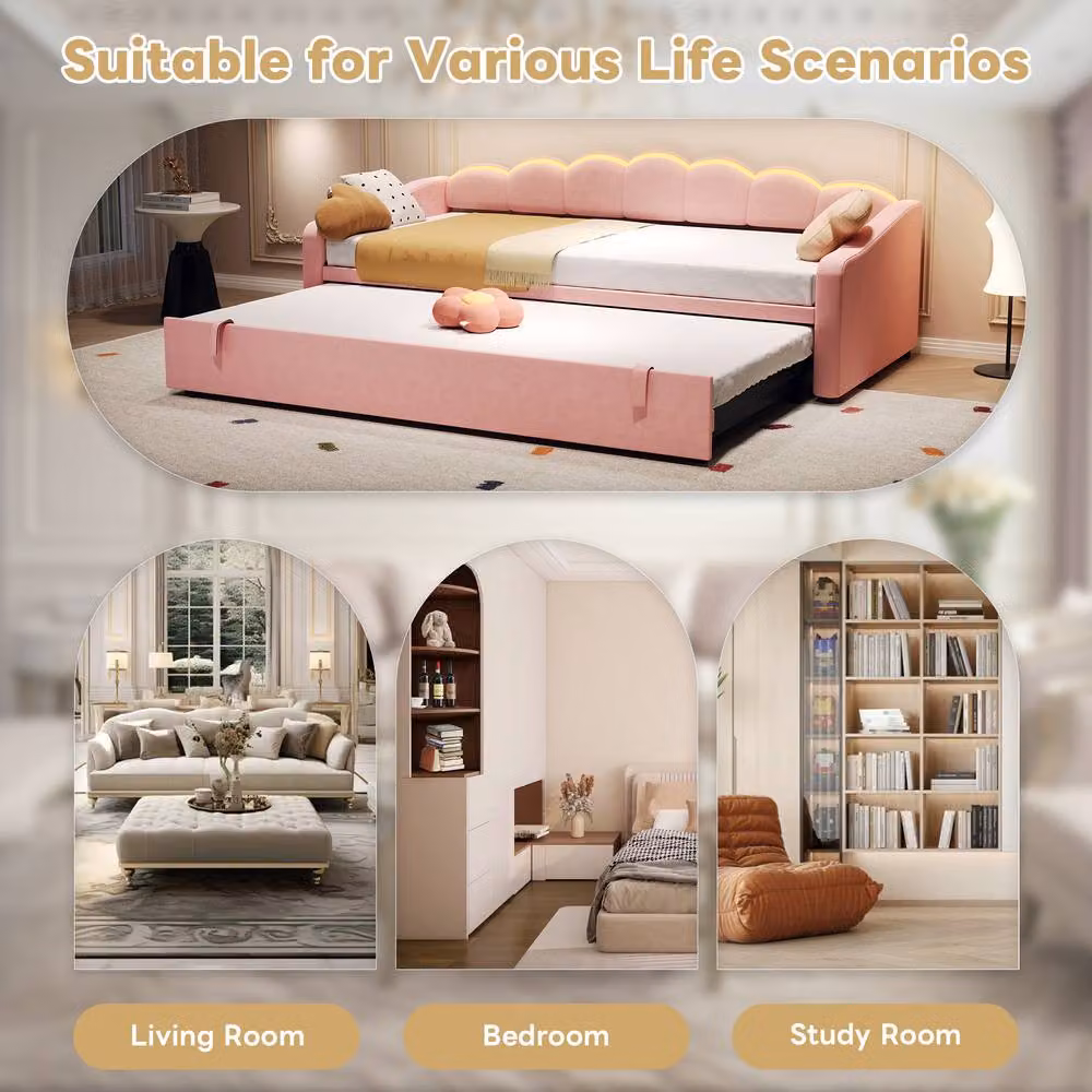 Merax Pink Velvet Petal Shape Single Daybed with LED Under-Bed Lighting and Pull Out Trundle, W/D/H: 90 x 190 cm – 3