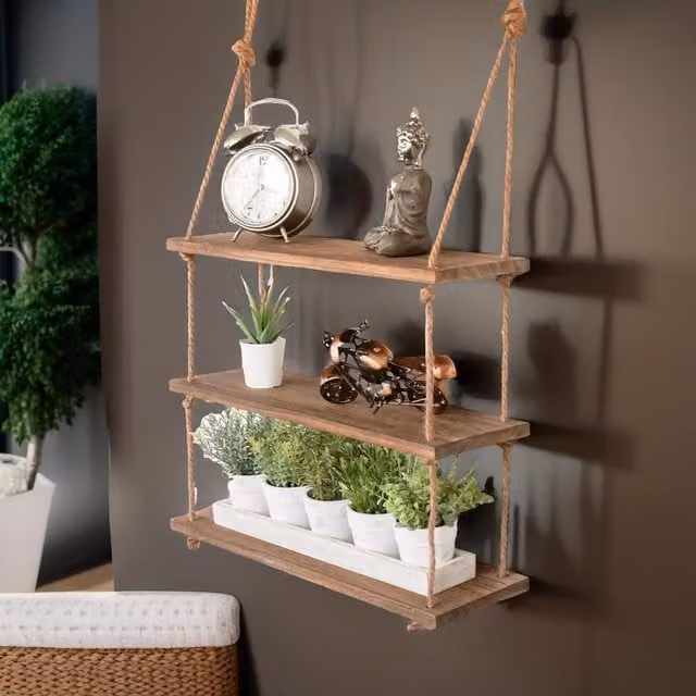 Rafaelo Mobilia 3 Tier Rustic Brown Wooden Hanging Wall Mounted Shelves with Rope Detail