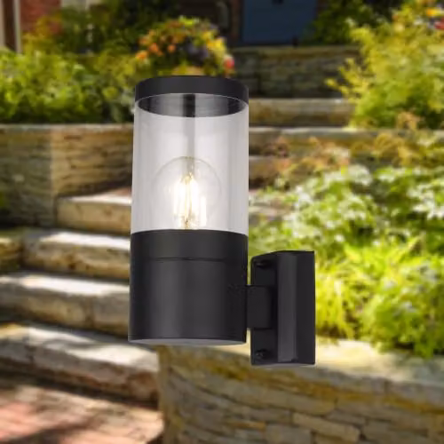 firstchoicelighting Storm Black IP44 Outdoor Wall Light with Transparent Cylinder Shade – 3