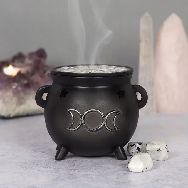 Spirit of Equinox Green Tree Triple Moon Cauldron Incense Holder, Black and Silver Ceramic – 1