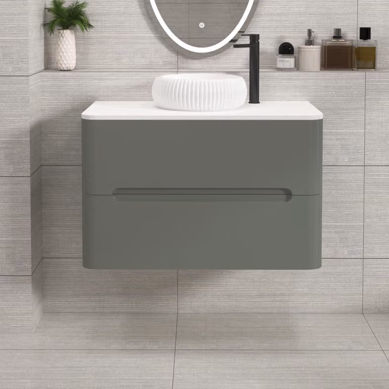Royal Bathrooms Venice 800mm Wall Hung Vanity Unit in Sage Green with 2 Drawers, Plain White Worktop and Milan Basin