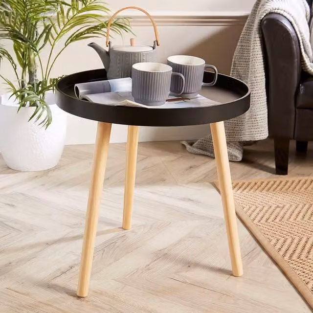 Home Source Round Coffee Accent Side Lamp Drinks Table in Black with Solid Pine Legs – 1