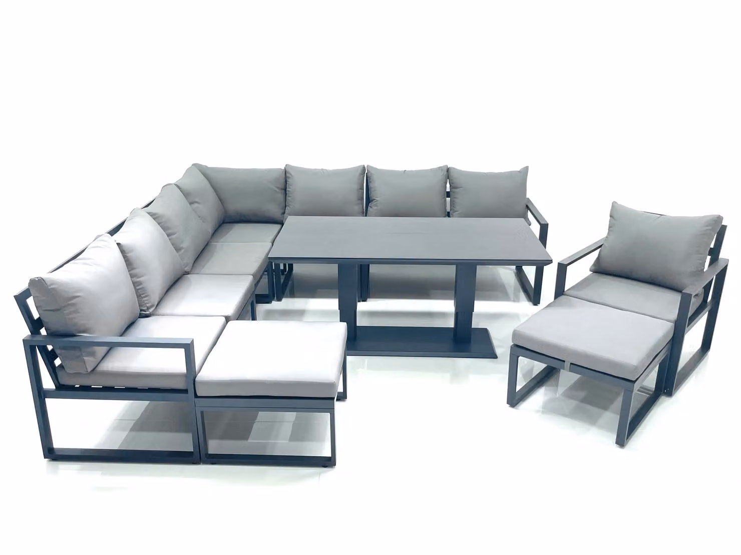 Fimous 10 Seater Outdoor Garden Furniture Set with Corner Sofa, Chairs, 2 Big Footstools and Adjustable Rising Lifting Dining Table in Dark Grey – 2