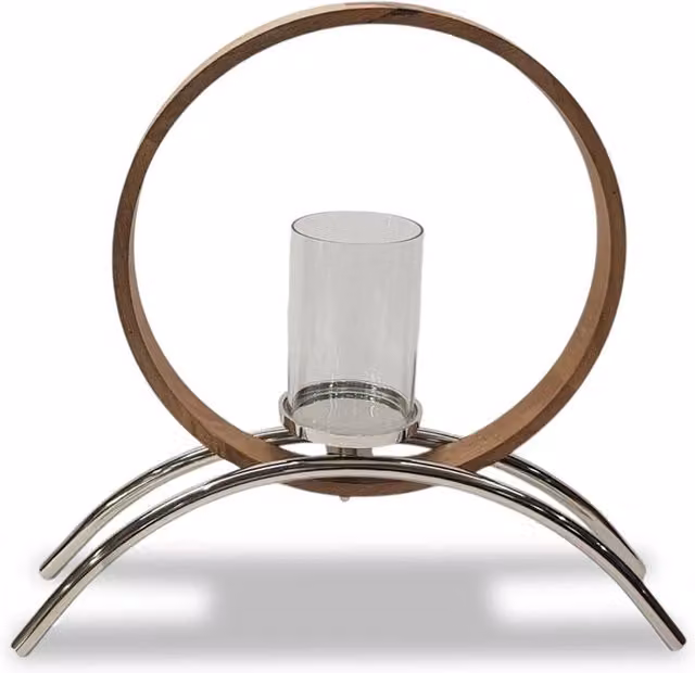 Elm Home And Garden Large Circular Pillar Candle Holder Ornament in Silver, Wood and Metal