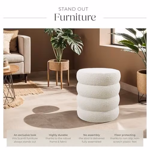 tectake Scandinavian Style Storage Ottoman with Soft Bouclé Cover and Padded Seat, Beige/White, W/D/H: 47 x 47 x 42 cm – 2