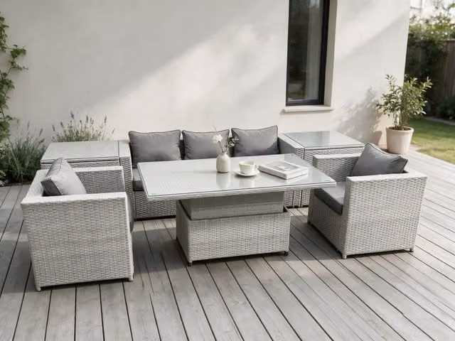 Fimous Rattan Garden Furniture Set with Adjustable Height Lifting Table and 2 Side Tables in Light Grey