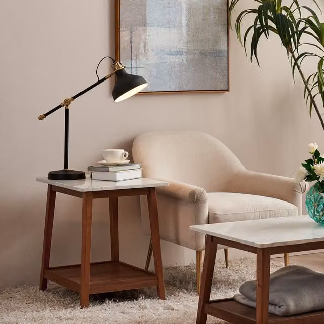 Teamson Home Kingston Square Side Table with White Faux Marble and Walnut Finish