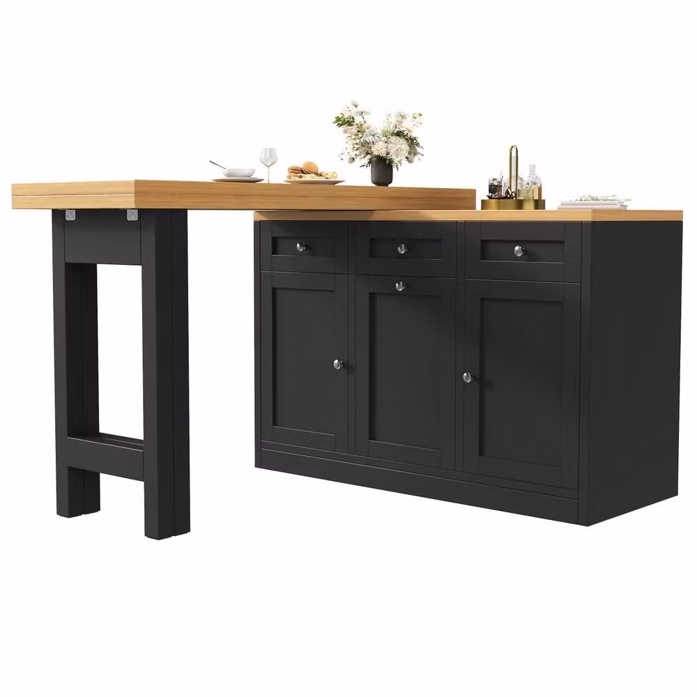 Merax Black Kitchen Island with Extendable Drop-Leaf Bar Dining Table and Trash Can Cabinet – 7