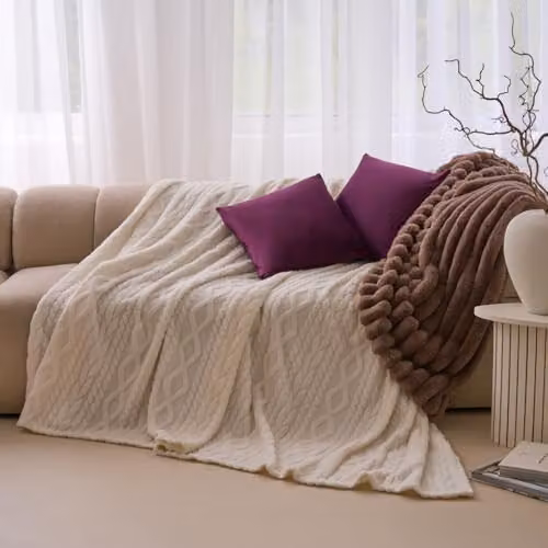 OHS Fleece Cable Knit Throw Blanket, Cream, W/D/H: 230 x 270 cm – 1