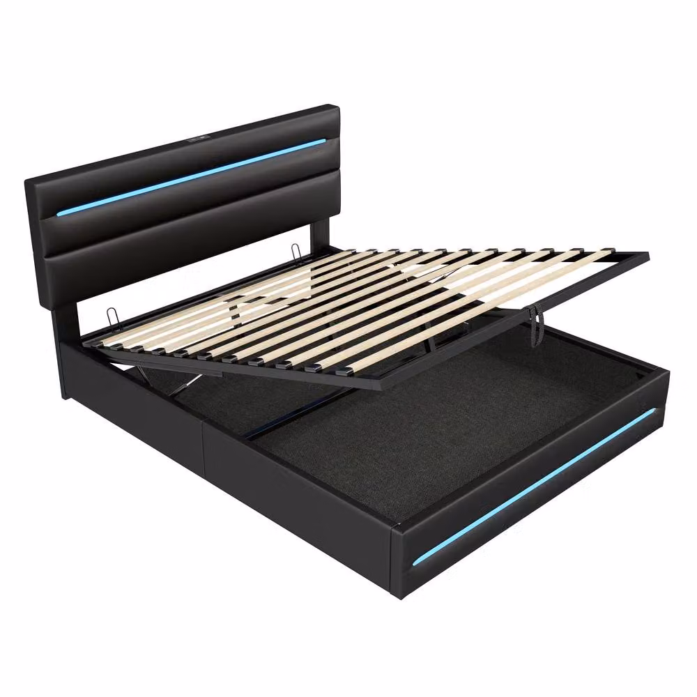 BTM Black Synthetic Leather Double Ottoman Bed with LED Under-Bed Lighting, USB Charging Port and Hydraulic Storage, W/D/H: 140 x 200 cm – 6