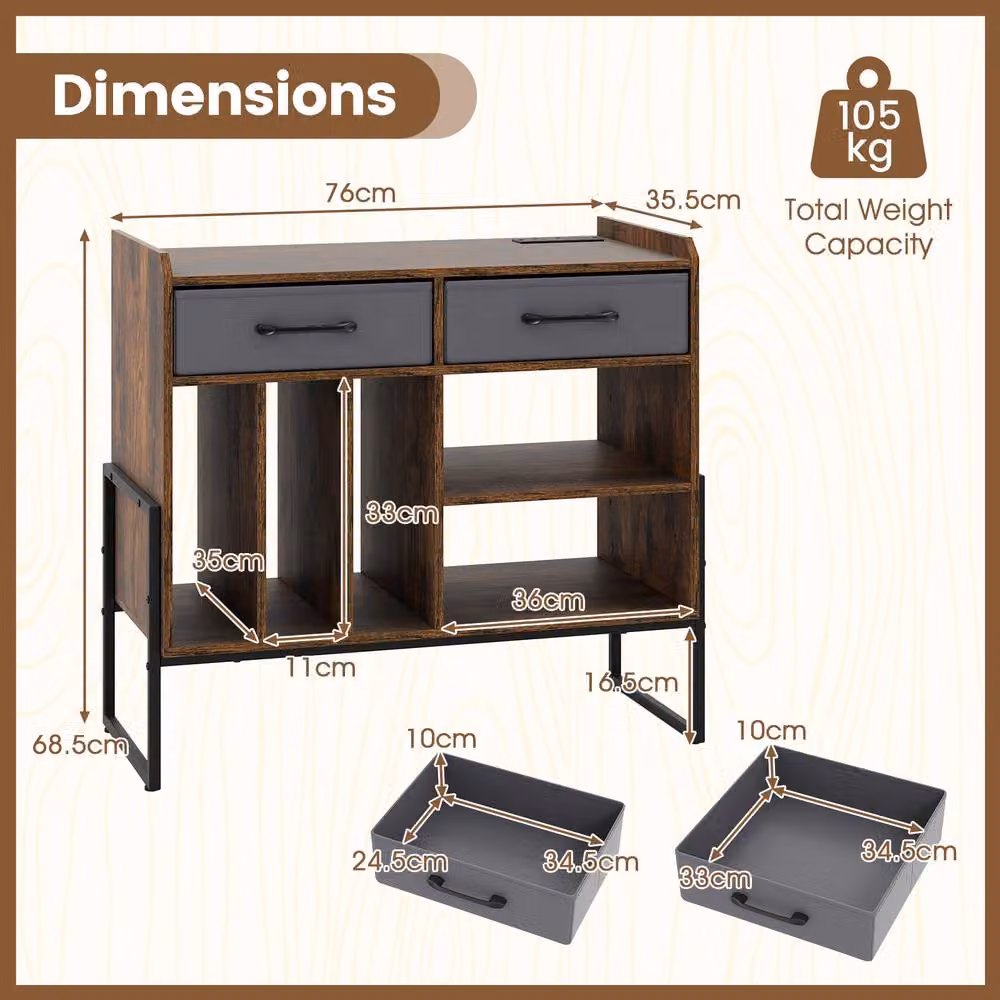 Costway Industrial Record Player Stand with Charging Station and 2 Drawers, Brown Vinyl Storage Cabinet – 2