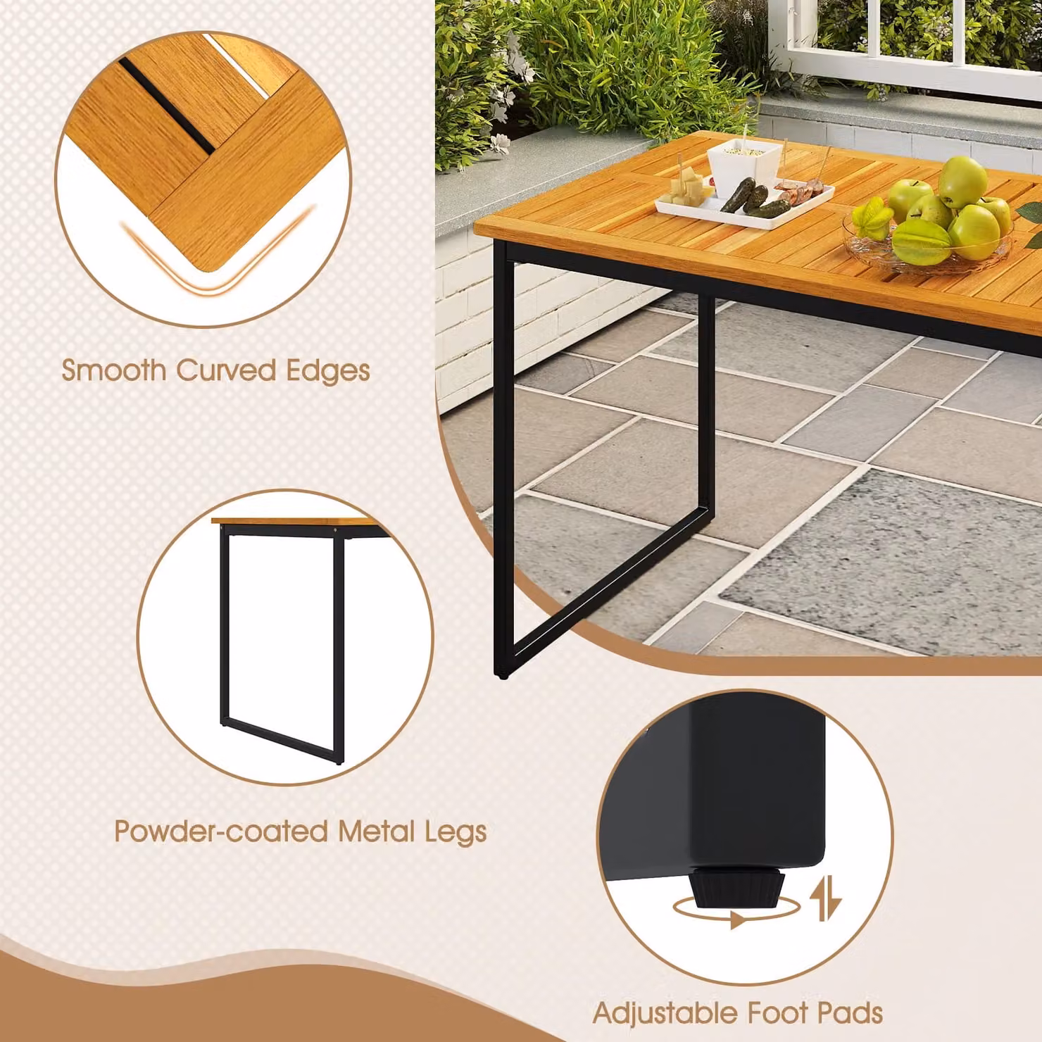 Gymax 6-Person Acacia Wood Dining Table with Umbrella Hole in Khaki, W/D: 140 x 70 cm – 5
