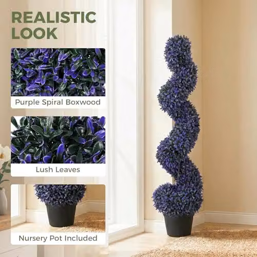 HOMCOM Set of 2 Artificial Boxwood Topiary Spiral Trees in Purple Pots, Height: 120 cm – 3