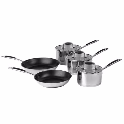 Prochef 5-Piece Pan Set in Silver, featuring Stainless Steel Saucepans with Glass Lids and Non-Stick Frying Pans with Silicone Handles