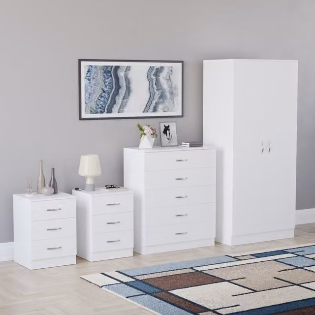 Vida Designs Riano 4 Piece Modern White Bedroom Set including 2 x 3 Drawer Bedside Chests, 5 Drawer Chest and 2 Door Wardrobe