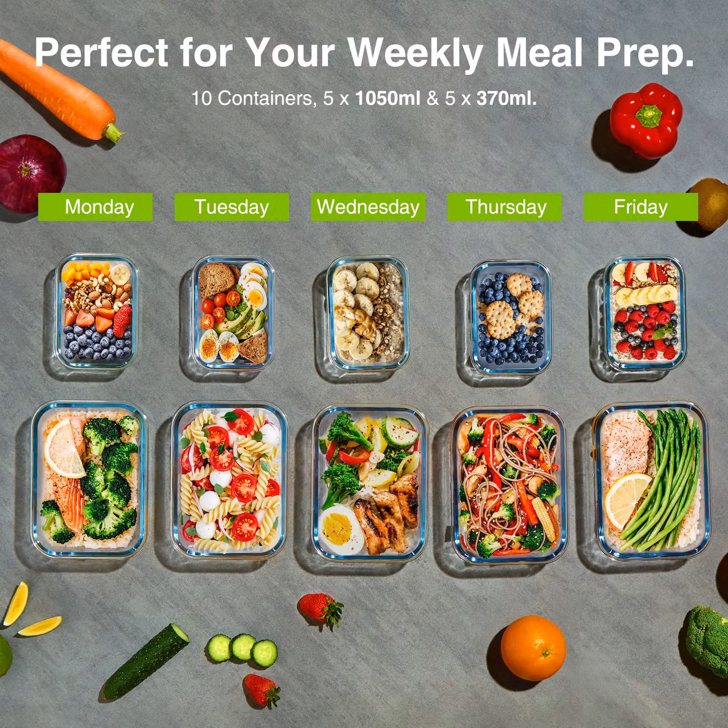VonShef 10 Piece Glass Meal Prep Lunch Box Set with Airtight Leakproof Lids, 1L and 370ml Capacities, Transparent – 3
