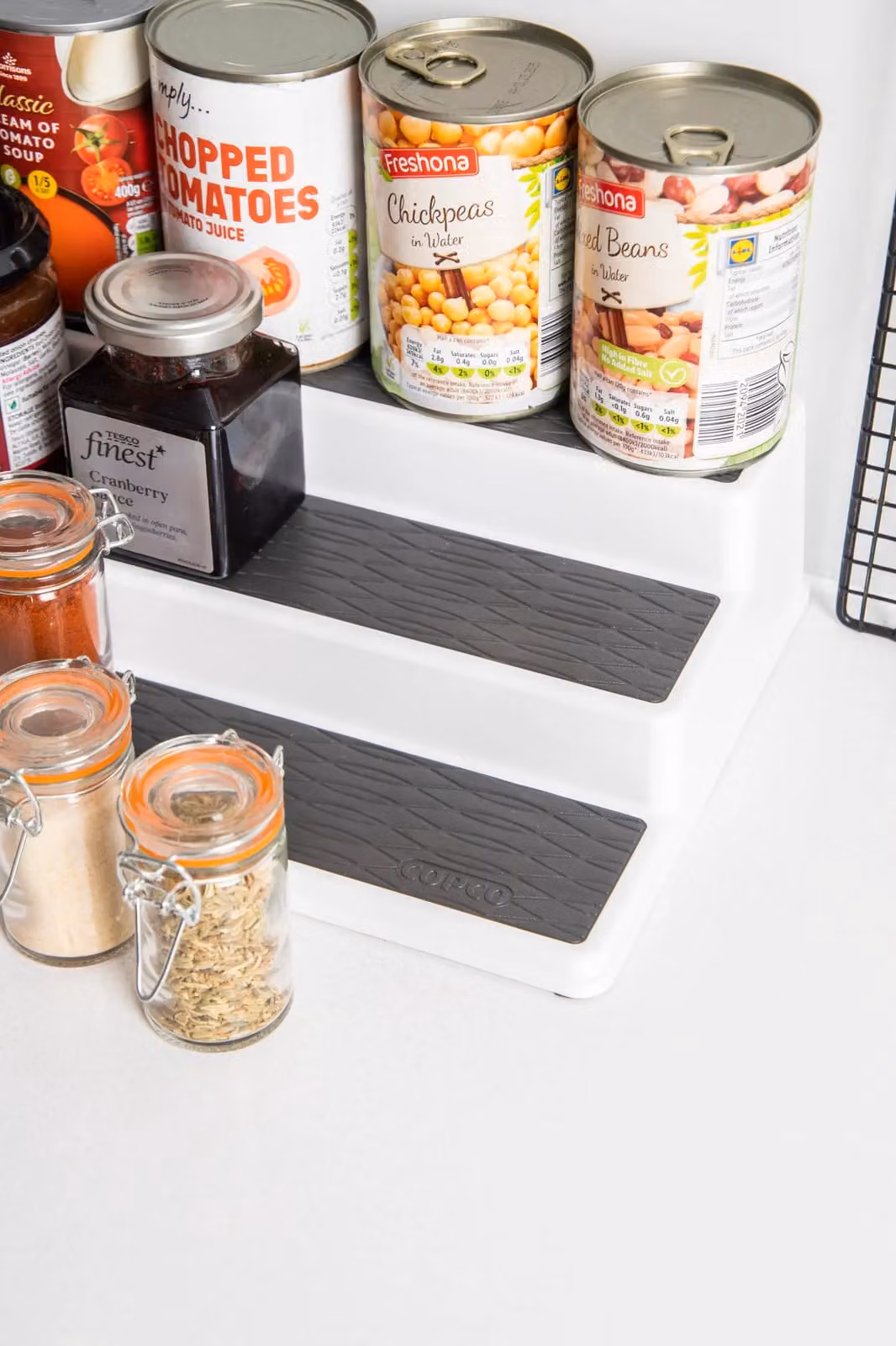 Copco 3-Tier Non-Slip Spice Rack and Cupboard Shelf Organiser, White/Grey, W: 38 cm, D: 22.5 cm, H: 8.5 cm – 4