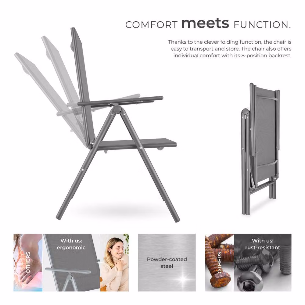 tectake Set of 4 Folding Garden Chairs with Adjustable Backrests and Armrests in Grey Mesh Fabric – 3