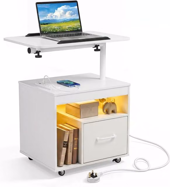 COSTWAY Modern White Rolling Bedroom Nightstand with Integrated Lighting and Castors