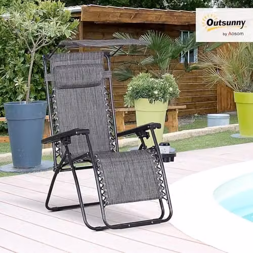 Outsunny Grey Zero Gravity Foldable Reclining Garden Chair with Sun Canopy, Adjustable Headrest and Side Tray – 2