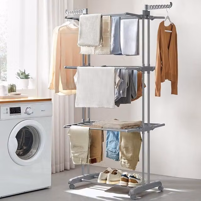 SONGMICS Jumbo 4-Tier Foldable Steel Clothes Airer in Grey – 1