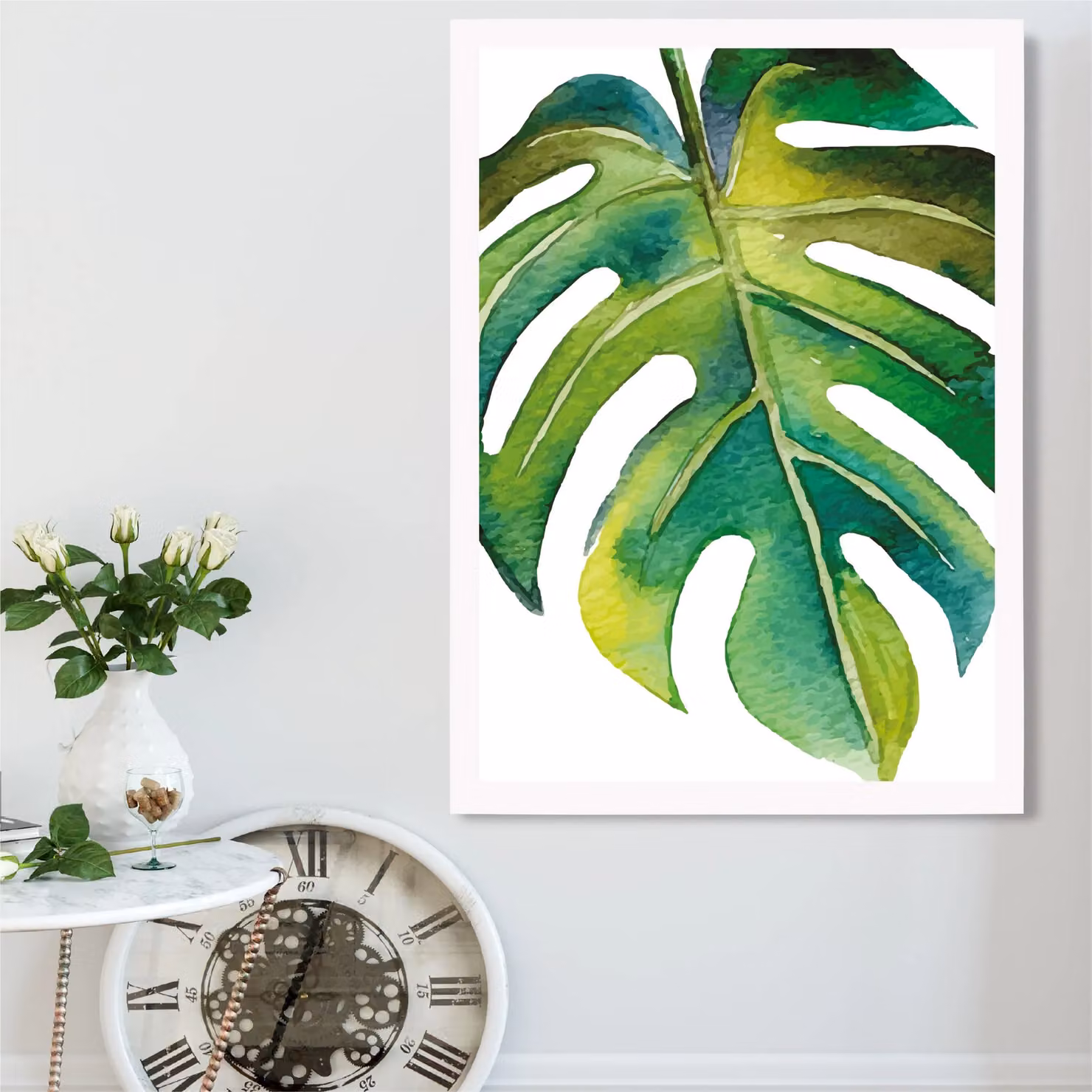 ARTZE Tropical Leaf Abstract Watercolour Botanical Framed Print in Green and White – 2