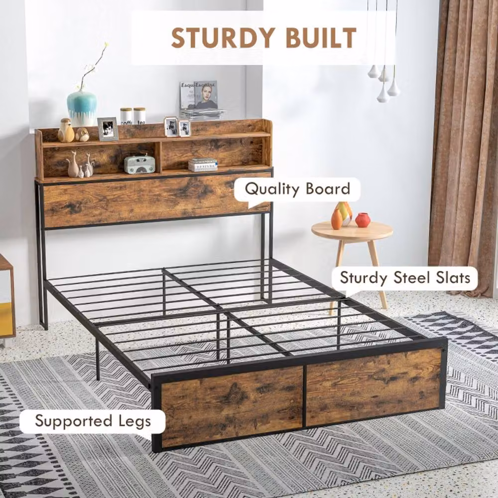 STILVORA Double Bed Frame with Storage Headboard and Side Compartments in Brown and Black – 6