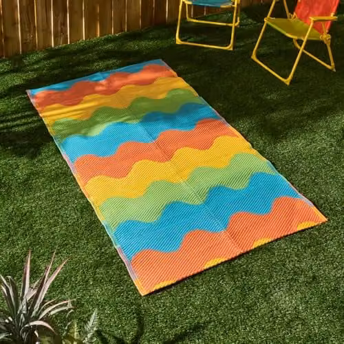 OHS Reversible Waved Lines Outdoor Garden Rug, Multicolour, W: 80 cm, L: 150 cm