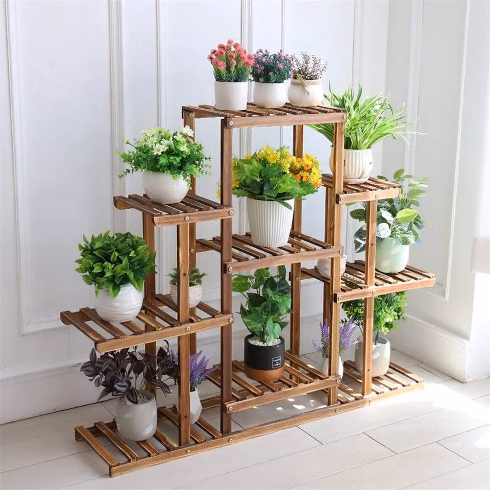 EONLION 9 Tier Rustic Brown Pine Wood Flower Rack and Freestanding Garden Plant Shelf Stand – 5
