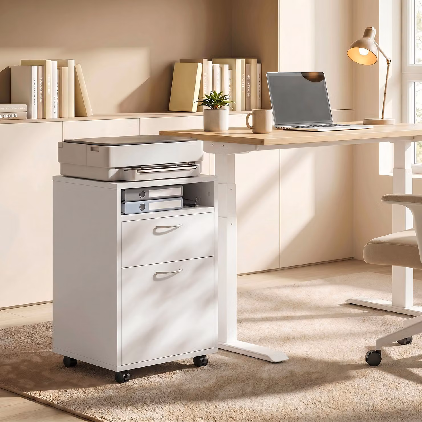 HOMCOM Mobile White Storage Cabinet with Drawer and Open Shelf, featuring Metal Handles and 4 Wheels for Home or Office Organisation – 2