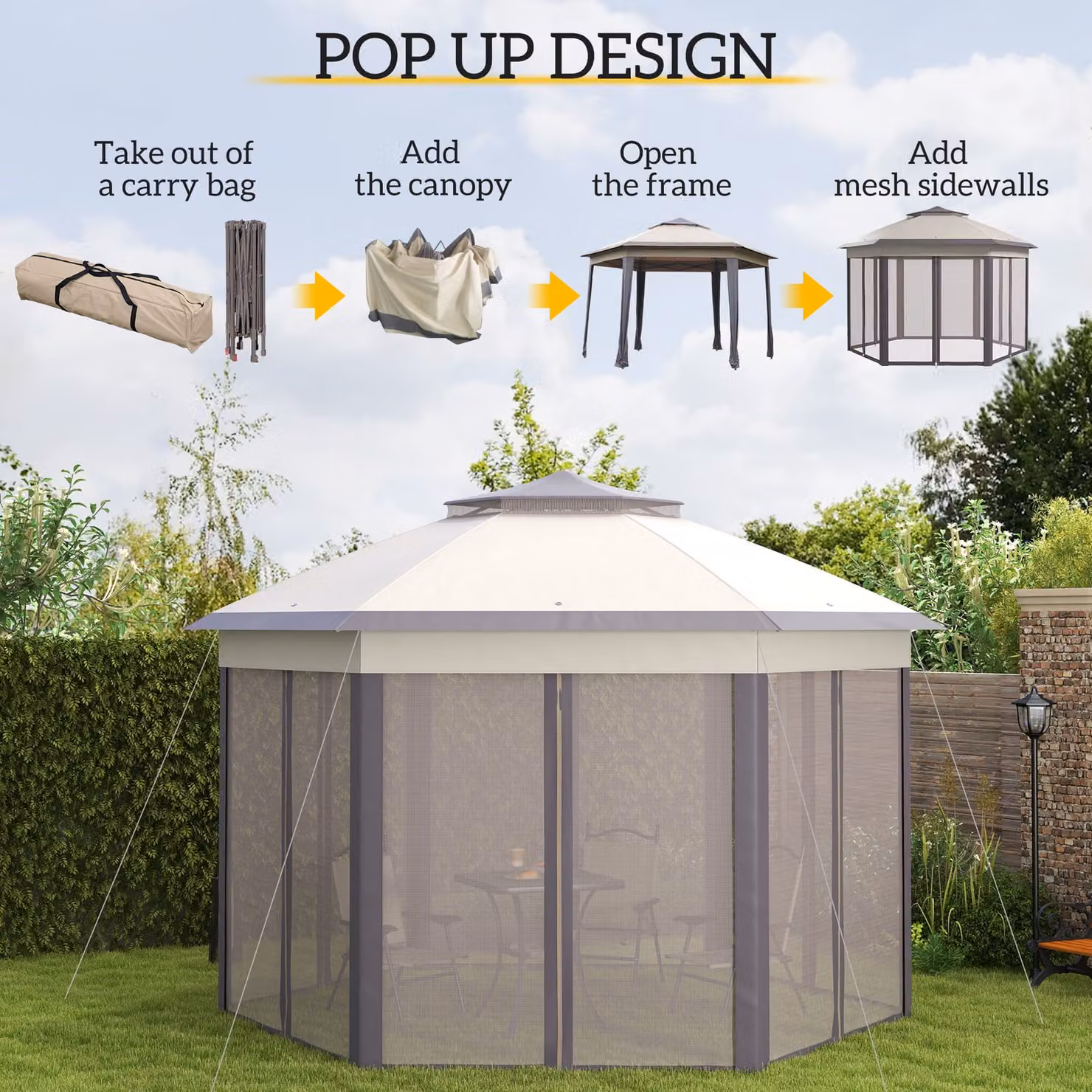 Outsunny Hexagonal Pop-Up Garden Gazebo with Double-Tier Roof and Mosquito Netting, Beige, W: 400 cm, D: 340 cm, H: 285 cm – 3