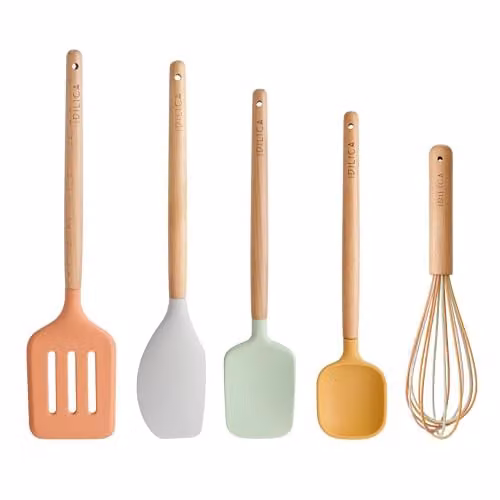 KitchenCraft Silicone Tool Set, 5-Piece Heat Resistant Cooking Utensils with Wood Handles in Multicolour or Yellow – 1