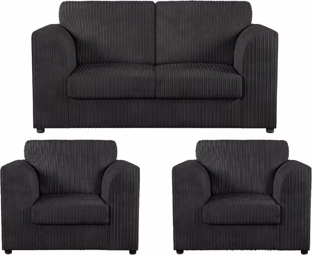 Furnishings For Less UK Luxor 3 Piece Fabric Sofa Suite in Black Jumbo Cord