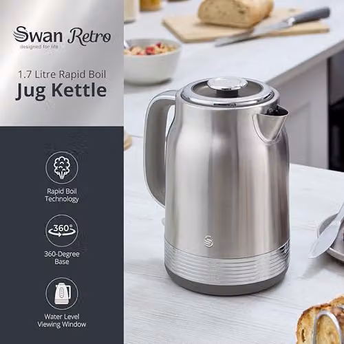 Swan SK19025SS Retro Jug Kettle in Stainless Steel, 1.7 l, 3 kW, with Removable Limescale Filter – 2