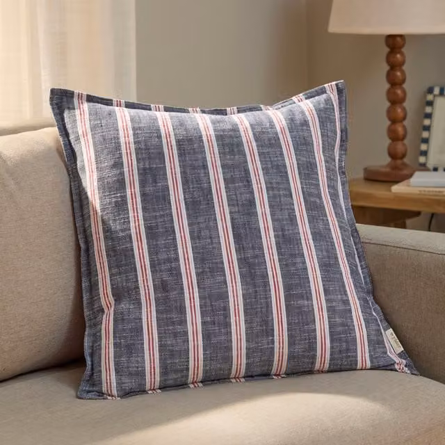 Abersoch Striped Cotton Cushion in Regatta Red and Blue with Feather Filling