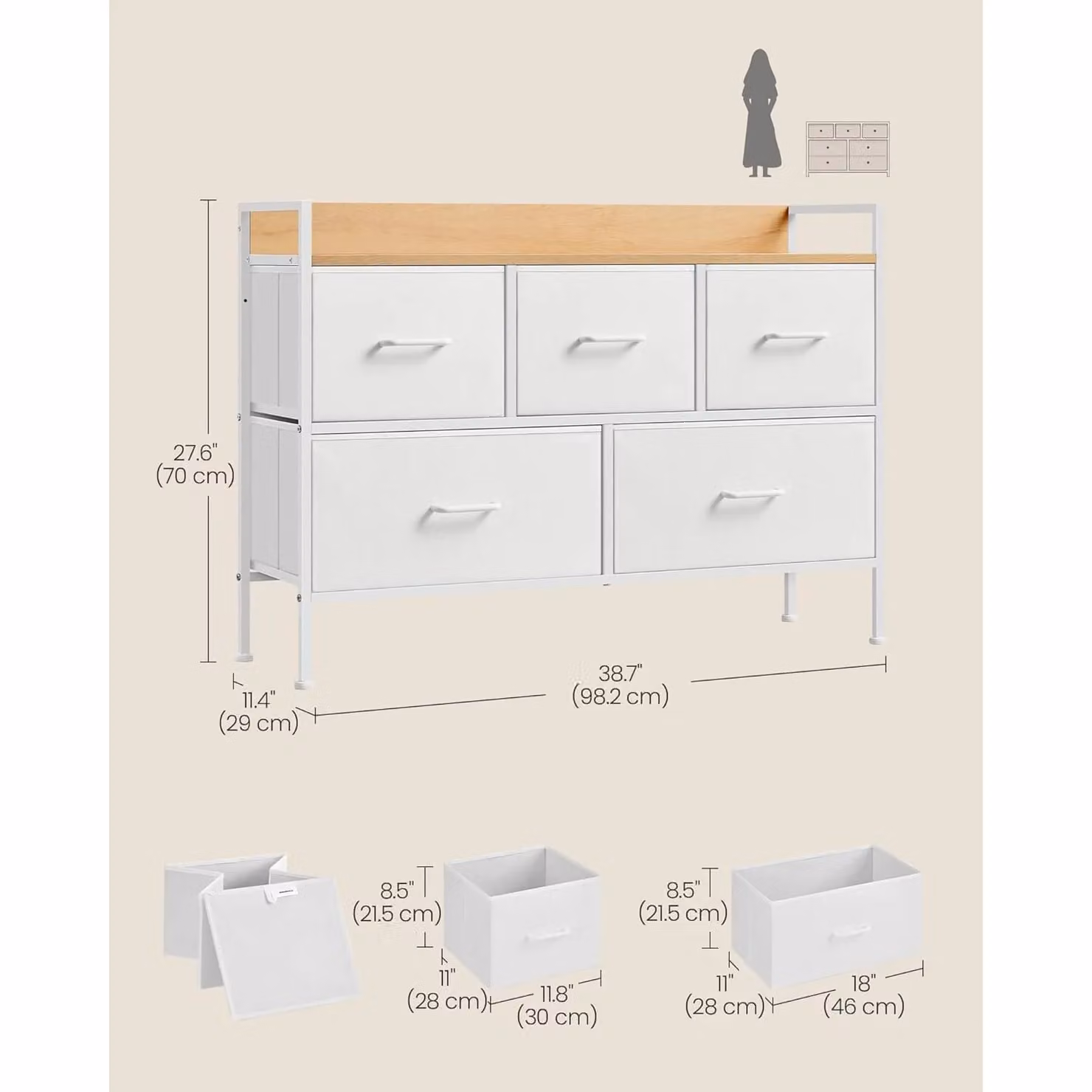 SONGMICS Compact Chest of Drawers with 5 Fabric Drawers and Steel Frame in White – 2
