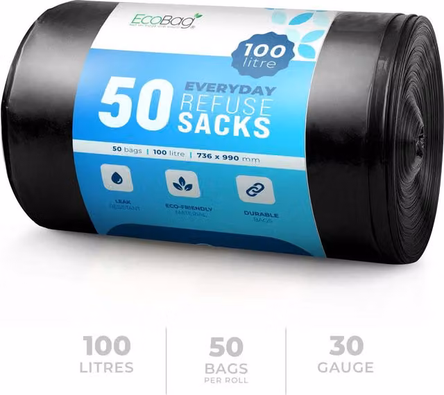 Ecobag Black Heavy-Duty Refuse Sacks, 100 l, 50 Pack