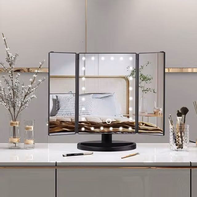 Komore Rechargeable Tri-Fold LED Makeup Mirror in Black